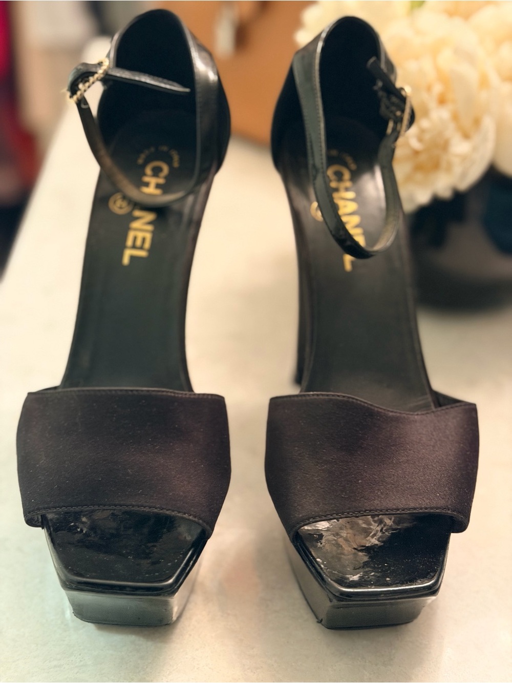 CHANEL Black Satin Platform Ankle-Strap Pumps - Picture 5 of 7